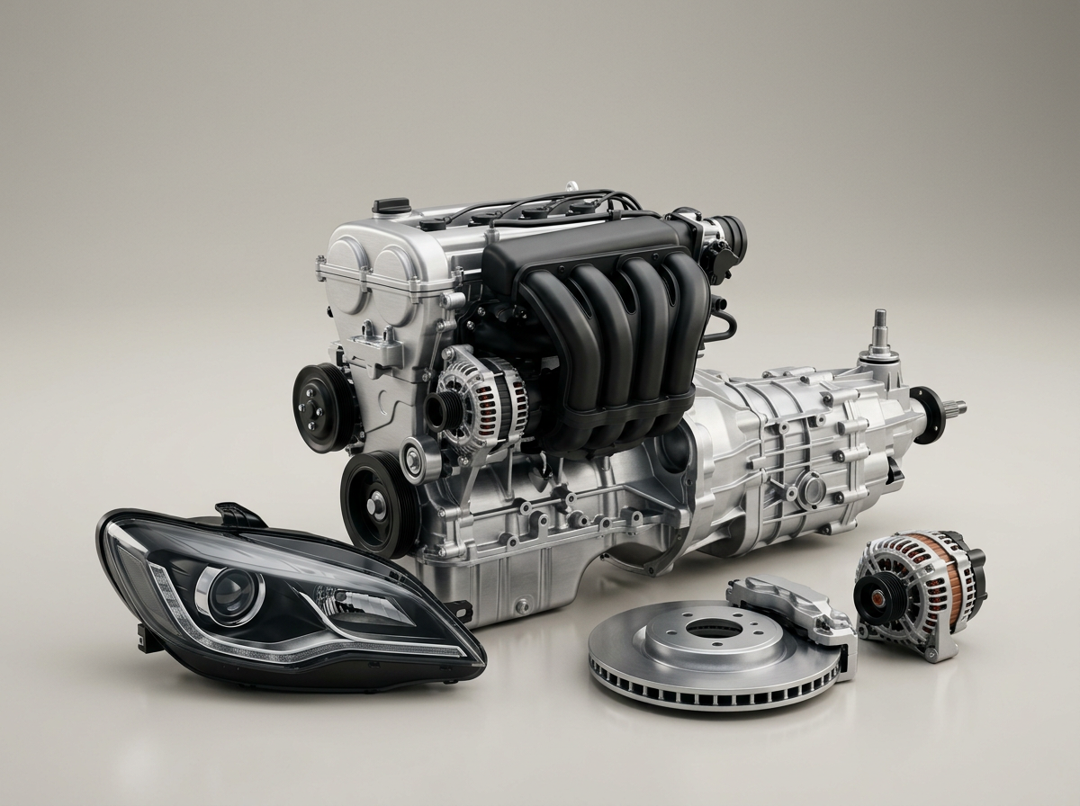 Motor, şanzıman, far ve diğer otomotiv parçalarından oluşan temsili görsel
